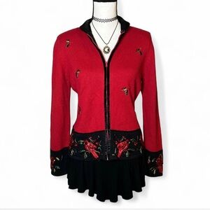Red Embroidered Cardinal Zip-Up Jacket